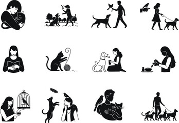 Pet care silhouettes, people with cats dogs birds, animal feeding, walking pets, training dogs, love animals, family pet illustration