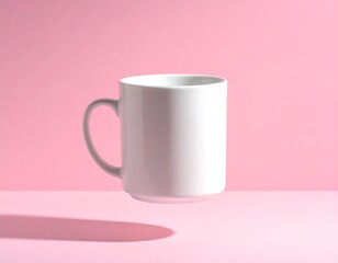 Modern white mug floating on a pink background perfect for branding mockups and product presentation displays