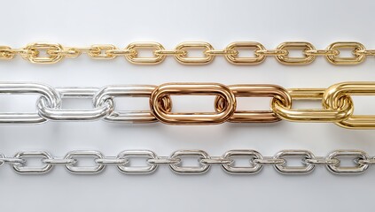 Obraz premium Three metal chains, silver, gold, and rose gold, linked in a row against a white background. Intertwined links of different metals create a visual connection