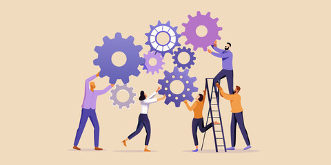 Diverse team of people working together to assemble gears symbolizing collaboration and teamwork
