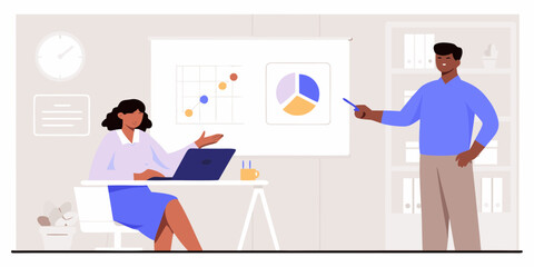 Business meeting with data analysis and charts presented by colleagues in an office setting