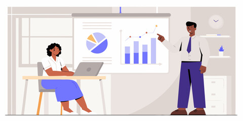 Business presentation with charts and graphs showing growth and data analysis in a modern office setting