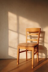 Sunlight streams onto a light wooden chair