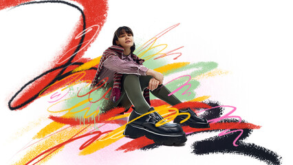 Trendy collage. Female model sitting in checkered outfit with abstract colorful artistic background. Concept of youth fashion, editorial lifestyle, alternative visuals, and emotional creativity.