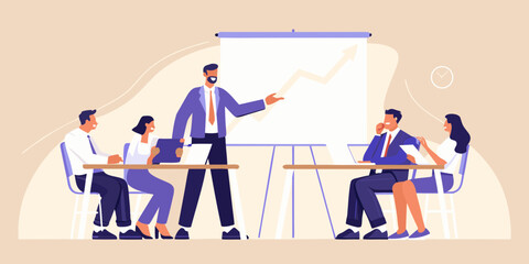 Business team in a meeting a presenter points to a growing graph on a whiteboard