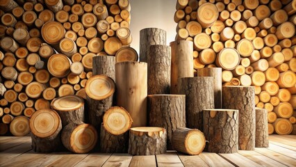 Wooden cylinders and tree rounds arranged on a wooden floor against a backdrop of stacked logs