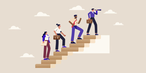 Diverse business professionals climbing stairs together towards future opportunities and success