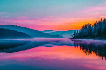 Tranquil sunrise over a mirrored lake surrounded by lush forests and rolling hills