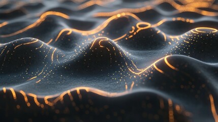 Abstract wavy surface with glowing orange lines and dots.