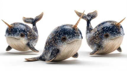 Fototapeta premium Playful Narwhal Characters with Spiral Tusks in Dynamic Poses