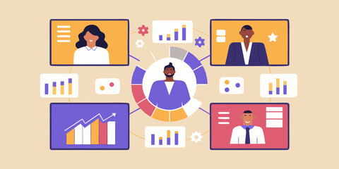 Diverse team collaborating remotely with data visualization and charts for business growth