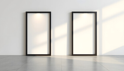 Two vertical black frame mock up on concrete floor with light overlays. Set of two black frame mock up poster 3d illustration, flat papercut style. White tone