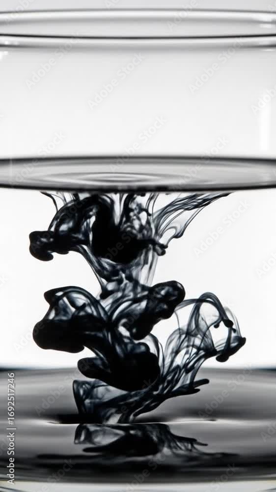 Poster black ink dropping into clear water in glass container against white background creating abstract sw