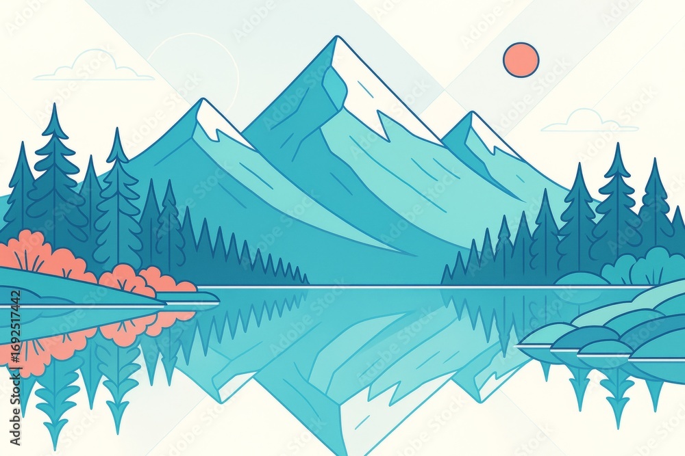 Poster abstract mountain landscape with pine trees and lake reflection under soft light in colorful nature 