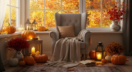 Acogedor fondo de zoom de decoración de otoño con luz natural cálida