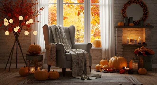 Fototapeta Acogedor fondo de zoom de decoración de otoño con luz natural cálida