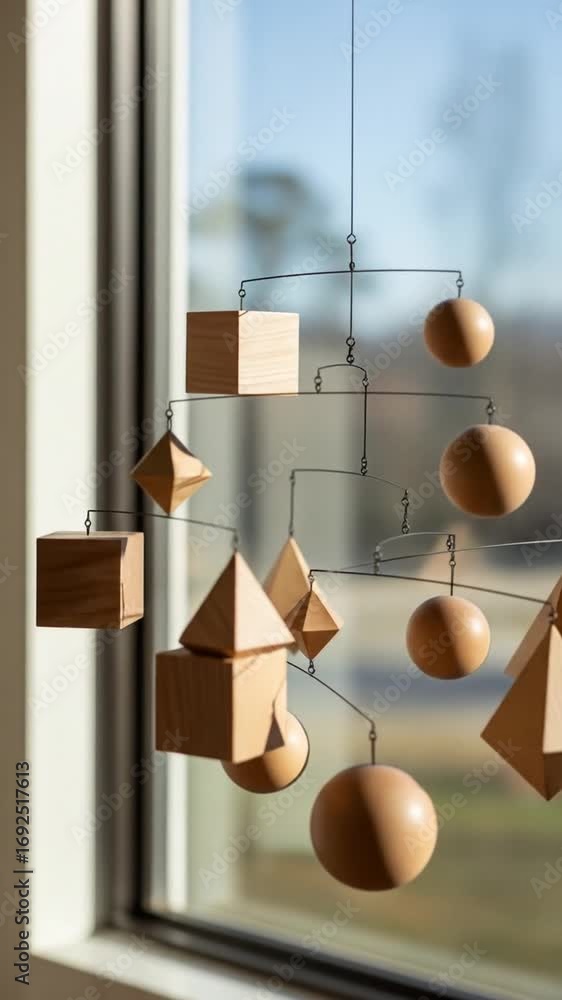 Poster Geometric Mobile with Cubes Pyramids and Spheres Hanging near a Window with Natural Light Casting Shadows on Cream Wall in Background
