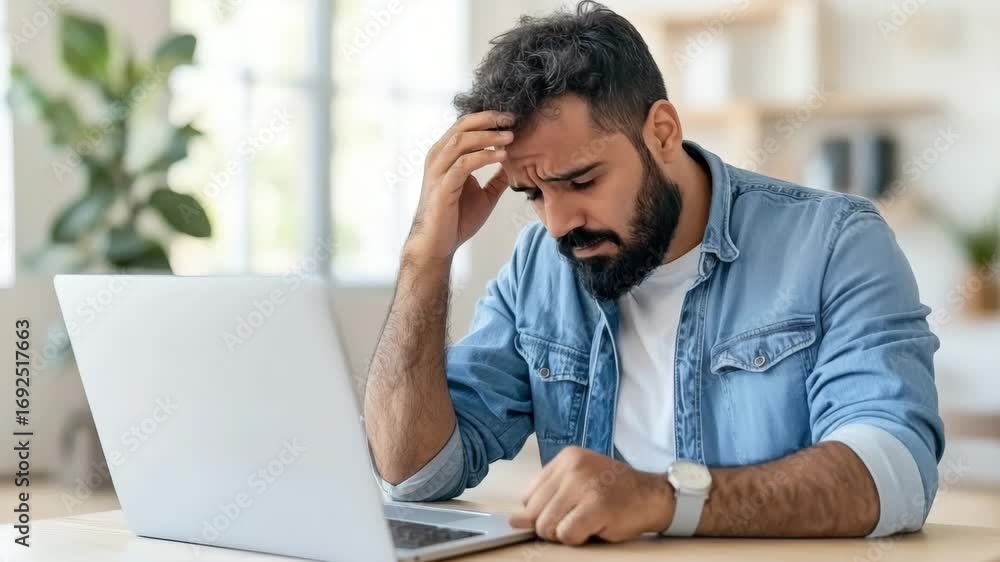 Poster man experiencing frustration while working on a laptop in a bright, modern office setting during the