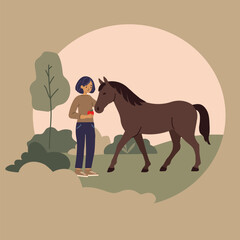 Female interacting with horse outdoors, equine assisted therapy for mental health, emotional care, relaxation, and holistic rehabilitation