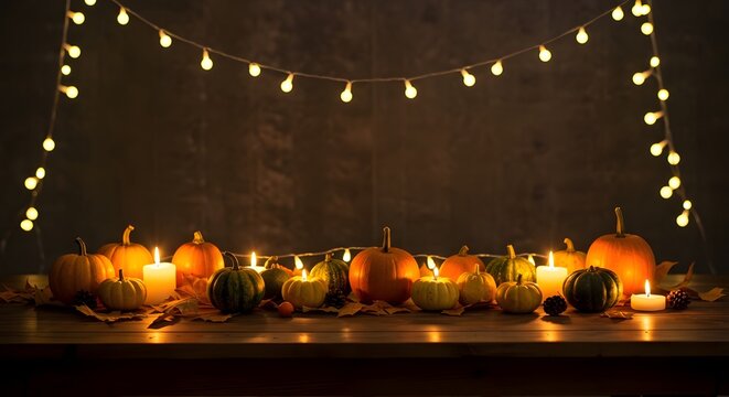 Acci&oacute;n de Gracias - calabazas en mesa r&uacute;stica con velas y luces de cuerda