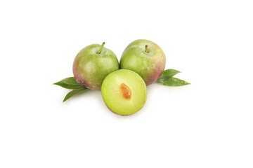 Fresh Green Plums with Red Blush Isolated on White Background