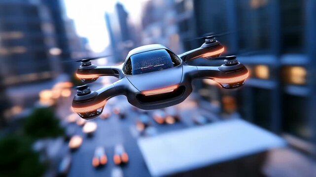 Futuristic driverless aerial vehicle flying over blurred urban environment