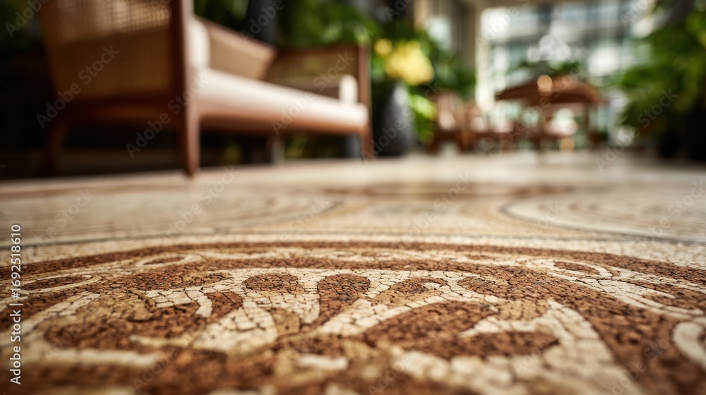 Poster medium shot featuring intricate cork mosaic flooring in a bright room with main mosaic pattern in sh