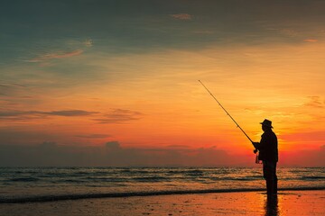 Silhouette of a fisherman at sunset