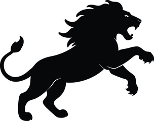 Angry Lion Jumping Silhouette Vector - Roaring Predator Attack Pose. Lion Attack Vector Silhouette - Leaping Roaring Big Cat Icon on White Background