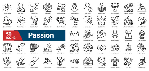 A collection of Passion icons. Containing energy, emotion, commitment, purpose, inspiration, inner spark, and devotion. Ideal for branding, creativity, and motivation.