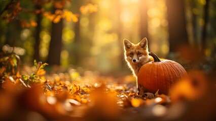 autumn fox with pumpkin in golden forest