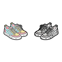 Charming illustration of two pairs of fashion sneakers, one vibrant and multicolored, the other in a classic black and white design, perfect for footwear concepts