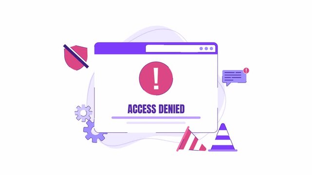 Access denied animation shield, gear, and cones, ideal for illustrating blocked access or restricted content in business presentations.
