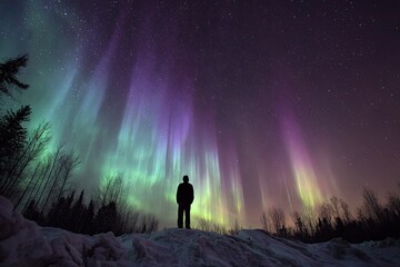 Fototapeta premium A solitary figure stands in awe of a vibrant aurora borealis display over a winter landscape