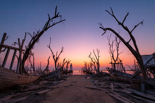 Sunrise over a desolate, wrecked shoreline