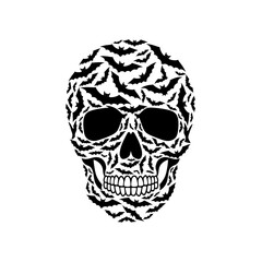 Fototapeta premium Skull Formed by a Pattern of Flying Bats on a White Background Halloween spooky