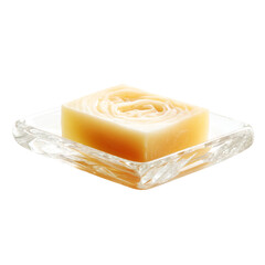 Exquisite artisanal soap resting elegantly on a clear glass soap dish, embodying natural purity and luxurious skincare.