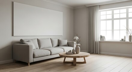 Modern living room with a comfortable sofa and a large blank canvas above it