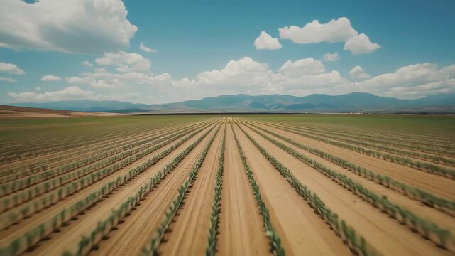 Aerial view of young agave plants growing in rows in a field, with mountains in the background