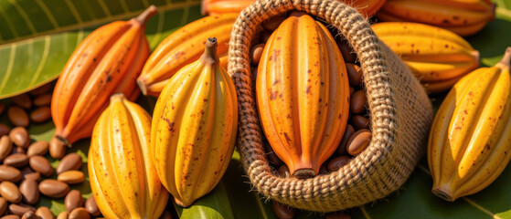 Fresh cacao pods in woven basket, surrounded by cacao beans on green leaves, evoke sense of natural abundance and richness