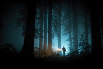 Silhouetted figure with flashlight in a mystical, foggy forest at night