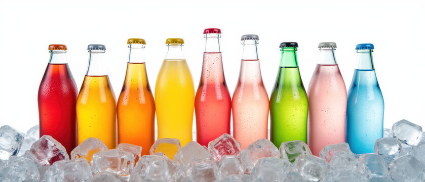 Refreshing beverages in colorful bottles arranged on ice, showcasing vibrant assortment of flavors and hues
