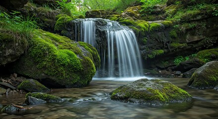 Obraz premium Serene Moss-Draped Waterfall: Lush Green Rocks and Silky Water