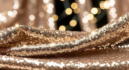 Closeup of shimmering gold sequins fabric with soft bokeh lights in the background