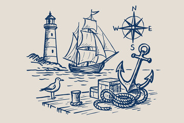 Nautical anchor lighthouse ship compass sketch thick line vector illustration