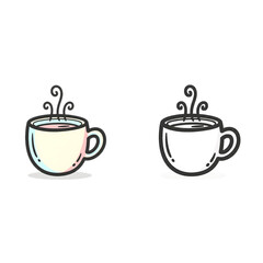 A charming icon set of a steaming hot beverage cup, presented in both a vibrant color doodle and a classic black and white line art style