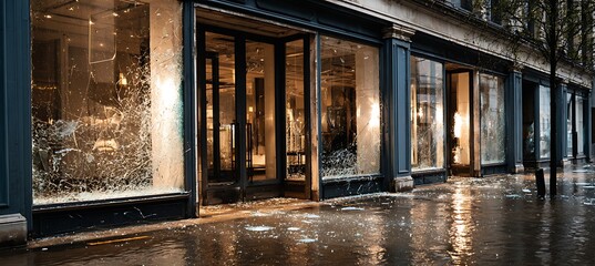 Broken glass store front retail shop damage vandalism insurance claim business property street view urban scene