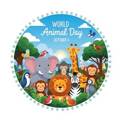 Fototapeta premium World animal day celebration with diverse cartoon animals in a lush landscape