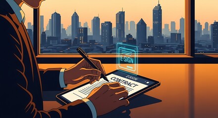 Electronic signature of a contract on a tablet with a digital pen in a modern city view