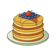 Delicious stack of fluffy pancakes generously drizzled with sweet syrup and topped with fresh vibrant fruit
